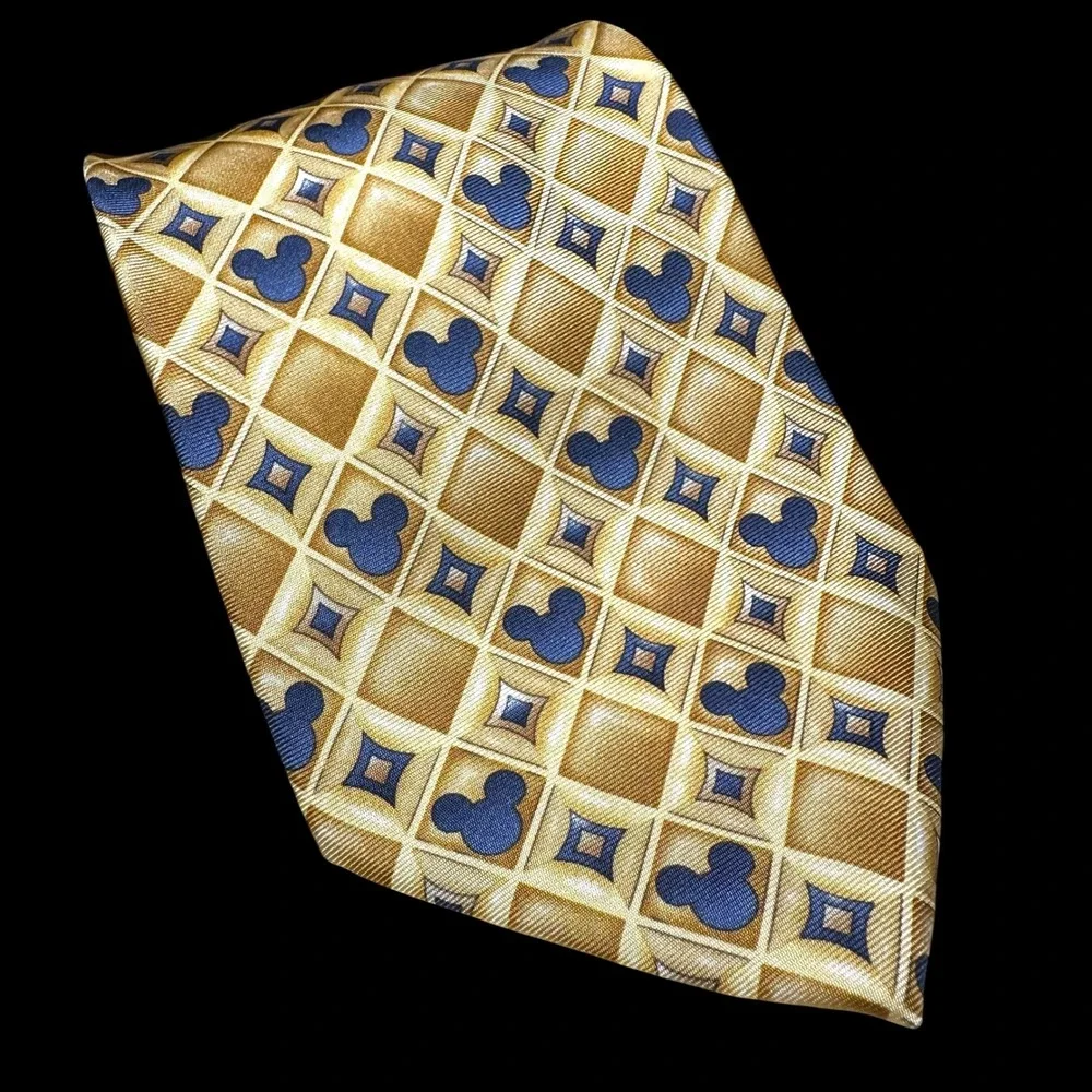 VINTAGE - Walt Disney World Mickey Mouse Silk Tie Gold Blue Geometric Diamond